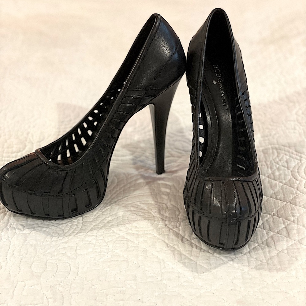 Bcbgeneration Black Leather 4” Platform Heels - image 2